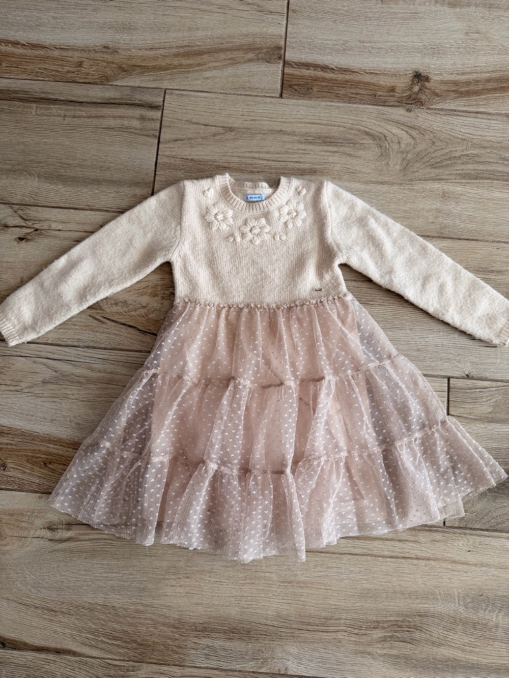 Mayoral Cream & Pink Tiered Tulle Dress with Embroidered Bodice